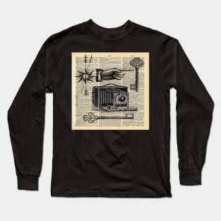 Dark Academia dictionary print steampunk skeleton keys antique camera Long Sleeve T-Shirt